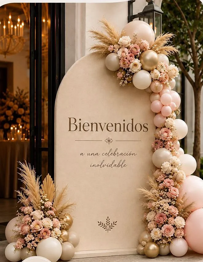 Arco de bienvenida forrado en tela beige con texto «Bienvenidos», guirnalda orgánica de globos en blush e ivory, rosas y pampas.