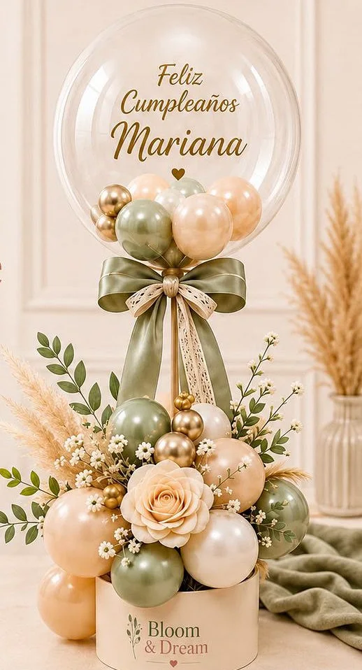 Bouquet boho con globo burbuja transparente personalizado, mini globos en salvia y durazno, rosa, pampas y moño de listón sobre caja sombrerera.