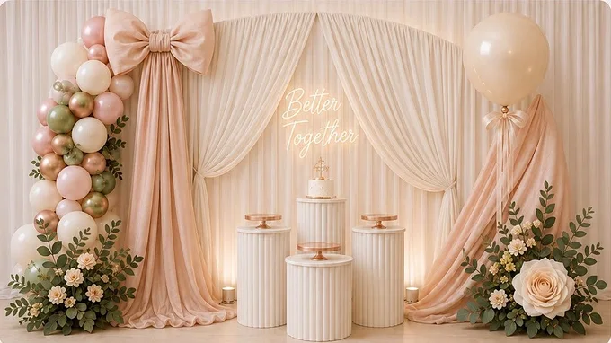 Backdrop de telas premium en marfil y rosa con moño de tela, letrero neón «Better Together», cilindros acanalados y arreglos florales.