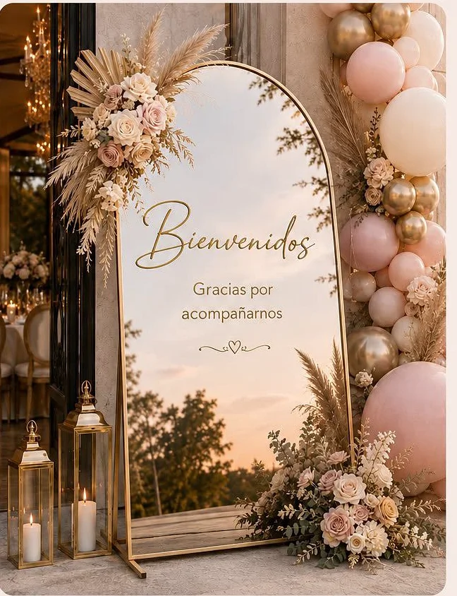 Espejo de bienvenida tipo arco con estructura dorada, vinil «Bienvenidos», flores en tonos blush y crema, globos y linternas con vela.