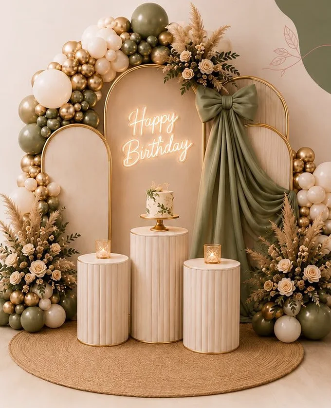 Montaje premium con tres backdrops en arco, letrero luminoso «Happy Birthday», moño de tela verde sage, cilindros acanalados y arreglos florales con globos orgánicos.