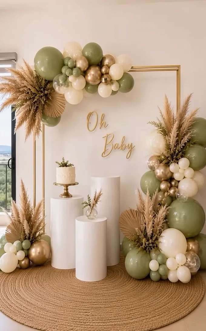 Escenario Oh Baby en salvia, marfil y dorado con pampas, pedestales blancos y pastel.