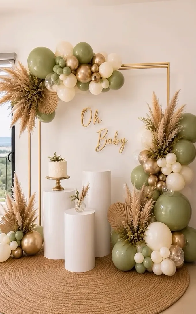 Montaje con pampas, follaje seco, globos verdes y dorados y pedestales blancos sobre un tapete de yute.