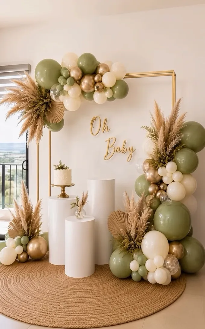 Escenario de baby shower en tonos salvia, marfil y dorado con pampas, pedestales blancos y un pastel.